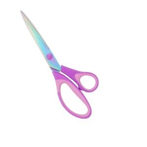 Professional straight pet grooming scissors showing multi-color rainbow titanium coated blades, a purple center pivot cover, and oversized purple and pink molded comfort handles, isolated on a white background, as seen in 151.jpg.