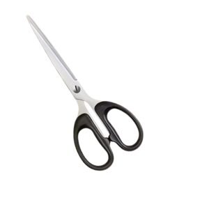 Professional straight pet grooming scissors featuring polished silver stainless steel blades and large, molded black comfort-grip handles, isolated on a white background, as seen in 153.jpg.