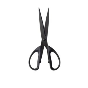Compact straight detail grooming scissors featuring short stainless steel blades and molded handles entirely finished in matte black, isolated on a white background, as seen in 154.jpg.