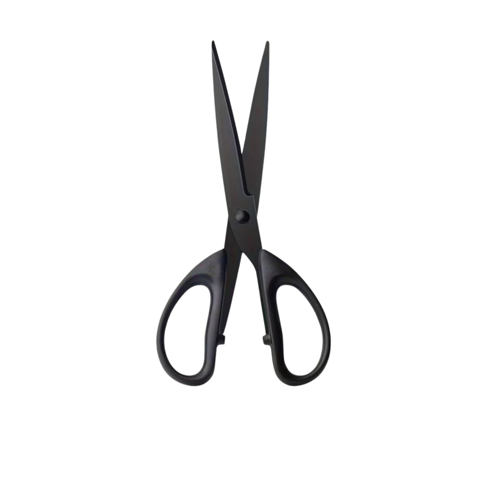 Compact straight detail grooming scissors featuring short stainless steel blades and molded handles entirely finished in matte black, isolated on a white background, as seen in 154.jpg.