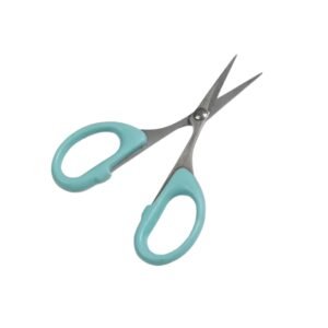 Compact straight detail grooming scissors showing short stainless steel blades and molded light blue plastic handles, isolated on a white background, as seen in 155.jpg.