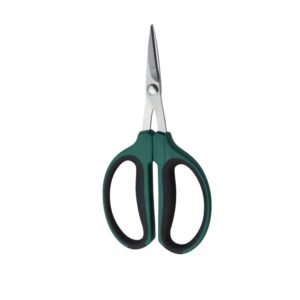 Compact straight detail grooming scissors featuring short stainless steel blades and oversized molded green plastic handles with black rubberized inner grips, isolated on a white background, as seen in 157.jpg.