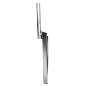 A studio product shot showing the front profile of a medical-grade stainless steel orthopedic bone-holding forceps featuring long, flat parallel handle shanks, a stepped offset hinge joint, and a straight, elongated upper jaw lined with fine vertical serrations, isolated on a white background.