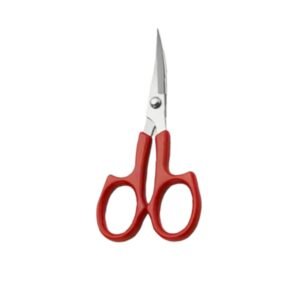 Compact curved detail grooming scissors featuring short stainless steel blades and molded red plastic comfort handles, isolated on a white background, as seen in 159.jpg.