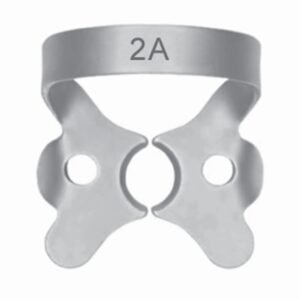 A top-down studio shot of a medical-grade matte-finished stainless steel size 2A winged dental rubber dam clamp, showcasing its thick posterior anchor bow stamped with '2A', dual structural wings, round indexing forceps holes, and flat contoured jaws isolated on a solid white background.