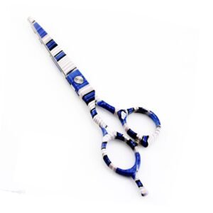 Professional stainless steel hair cutting shears completely coated in a decorative multi-colored striped pattern featuring horizontal bands of royal blue, white, grey, and black, designed with a flat silver tension pivot screw, an integrated curved finger rest tang, and a bumper silencer, shown in 16.jpg against a clean white background.