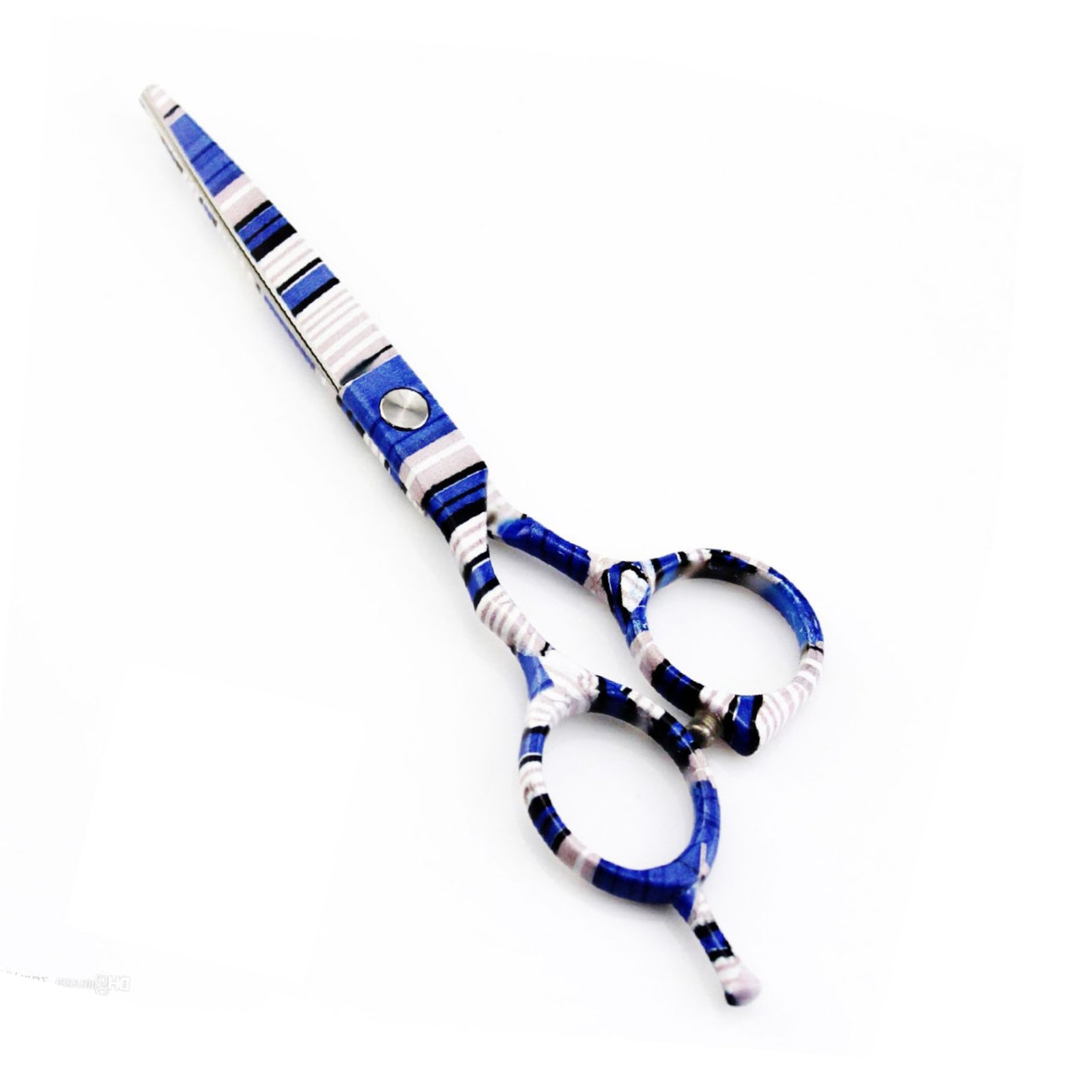 Professional stainless steel hair cutting shears completely coated in a decorative multi-colored striped pattern featuring horizontal bands of royal blue, white, grey, and black, designed with a flat silver tension pivot screw, an integrated curved finger rest tang, and a bumper silencer, shown in 16.jpg against a clean white background.