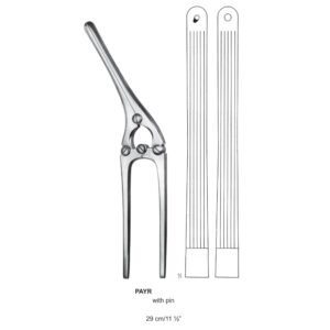 A medical catalog schematic from 16.jpg showing a 29 cm (11 ½ inch) Payr Pylorus Clamp with an alignment pin, illustrating the heavy-duty lever-action handles and grooved inner jaw faces.