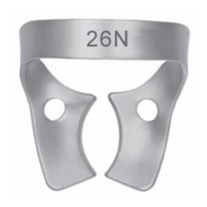 A top-down studio shot of a medical-grade matte-finished stainless steel size 26N wingless dental rubber dam clamp, featuring a rigid anchor bow stamped with '26N', a sleek body frame without side wings, round indexing forceps holes, and contoured jaws isolated on a solid white background.
