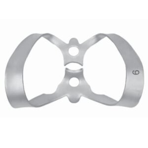 A top-down studio shot of a medical-grade satin-finished stainless steel size 9 dental rubber dam clamp, showcasing its distinctive double posterior and anterior structural arches, central stabilizing wings with round indexing forceps holes, and deeply scalloped jaws stamped with the number 9, isolated on a solid white background.
