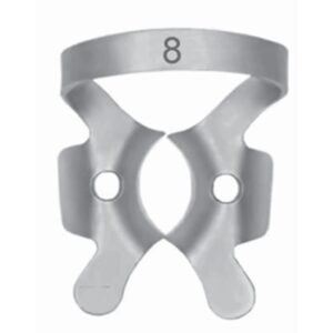 Matte finish dental rubber dam clamp size 8 with wings, featuring a central circular opening for upper molar isolation, with the number 8 engraved on the upper bow.