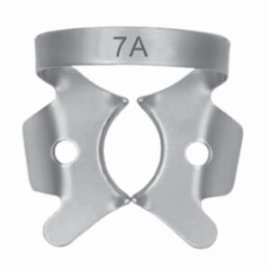 Stainless steel dental rubber dam clamp number 7A with wings for large lower molar isolation.