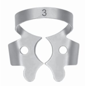 Stainless steel dental rubber dam clamp number 3 with wings for small lower molar and premolar isolation.