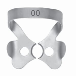 Stainless steel dental rubber dam clamp number 00 with wings for small premolar and anterior tooth isolation.