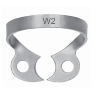 Stainless steel dental rubber dam clamp number W2 wingless for general premolar isolation.