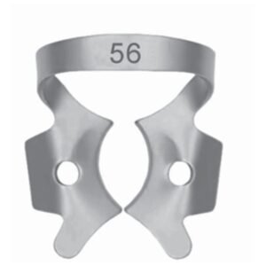 Stainless steel dental rubber dam clamp number 56 with wings for large molar isolation.