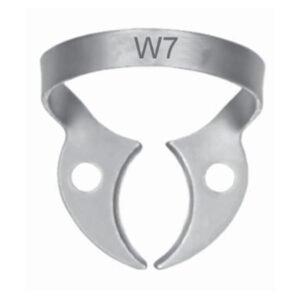 Stainless steel dental rubber dam clamp number W7 wingless for mandibular molar isolation.