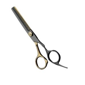 Professional hair thinning shears featuring a premium matte black finish on the wide-tooth chunking blade and thumb loop handle, contrasted by a polished gold-finished finger loop handle, a small gold manual tension adjustment screw, an integrated curved finger rest tang, and a black rubber bumper silencer, shown in 169.jpg against a clean white background.