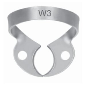 Stainless steel dental rubber dam clamp number W3 wingless for small lower molar isolation.