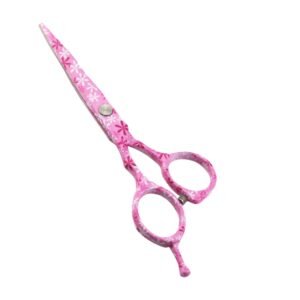 Professional stainless steel hair cutting shears completely coated in a decorative vibrant pink floral print pattern featuring white and dark pink flower blossoms, designed with a flat screw tension pivot, integrated finger rest, and a bumper silencer, shown in 17.jpg against a solid white background.
