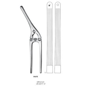 Medical illustration from 17.jpg showing a stainless steel Payr Pylorus Clamp without pin, 29 cm in length, alongside detailed views of its grooved clamping jaws.