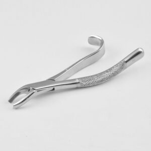 Professional medical-grade stainless steel left upper molar extraction forceps Fig. 18L with a hooked ergonomic handle as shown in 17.jpg.