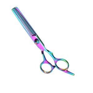 Professional hair thinning shears featuring a complete rainbow titanium multi-color finish with iridescent shades of purple, pink, blue, green, and gold, showcasing a wide-tooth chunking style blade, an ergonomic offset handle design, an integrated curved finger rest tang, and a dark rubber bumper silencer, shown in 171.jpg against a clean white background.