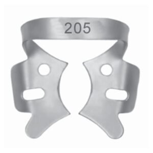 Stainless steel dental rubber dam clamp number 205 with wings for maxillary molar isolation.