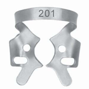 Stainless steel dental rubber dam clamp number 201 with wings for mandibular molar isolation.