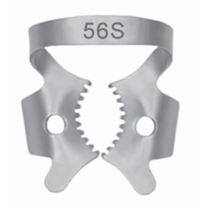Stainless steel dental rubber dam clamp number 56S with serrated jaws for compromised molar isolation.