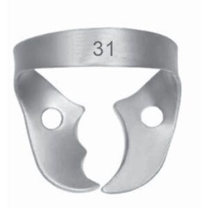 Stainless steel dental rubber dam clamp number 31 wingless with asymmetrical jaws for lower molar isolation.