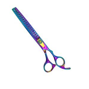 Professional rainbow titanium dog grooming chunker thinning shears featuring textured multi-teeth blades and an ergonomic handle, as seen in 175.jpg.