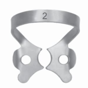 Stainless steel dental rubber dam clamp number 2 with wings for general bicuspid and premolar isolation.