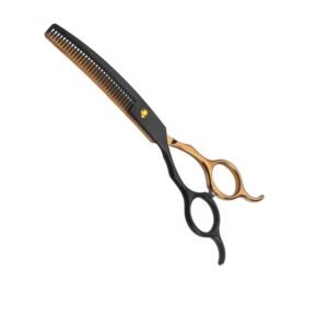 Professional curved hair thinning shears featuring a unique downward-curved blade set with precision texturizing teeth, a smooth matte black finish on the tooth blade and matching finger loop handle, contrasted by a polished metallic rose gold finished cutting blade and thumb loop handle, accented by a flat pivot screw set with a brilliant round yellow jewel, an integrated curved finger rest tang, and a small rubber bumper silencer, shown in 177.jpg against a clean white background.