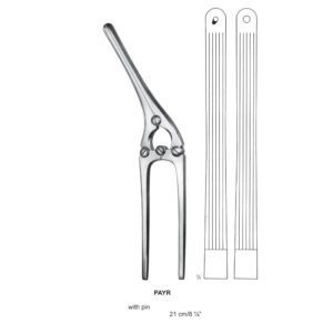 Medical illustration from 18.jpg showing a stainless steel Payr Pylorus Clamp with an alignment pin, 21 cm long, next to a detailed diagram of its longitudinally grooved blades.
