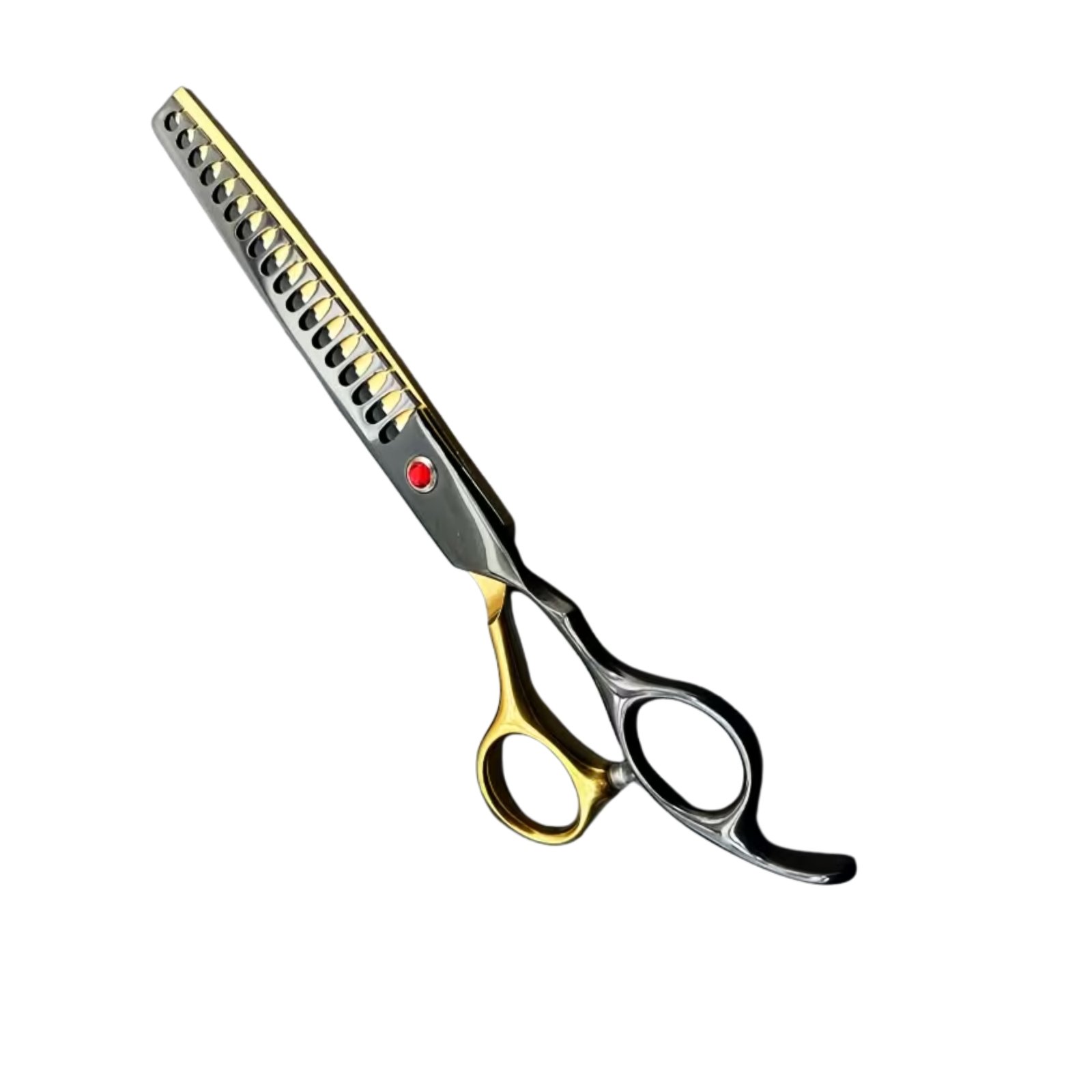 Professional hair thinning shears featuring an ornate golden dragon scale pattern etched along the top spine of a dark gunmetal black chunking blade, a flat pivot screw set with a brilliant round red ruby-style jewel, an ergonomic offset handle with a polished gold thumb ring and a sculpted gunmetal black finger loop with an integrated curved tang, shown in 180.jpg against a clean white background.