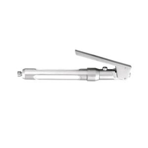 Matte satin finish stainless steel dental intraligamentary ciga type syringe featuring a mechanical lever-action pressure handle and an elongated cartridge view window on a white background.