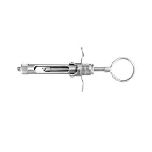 Stainless steel Astra type dental cartridge syringe featuring an articulated folding barrel mechanism, curved wing finger grips, and a crescent-shaped thumb rest on a solid white background.