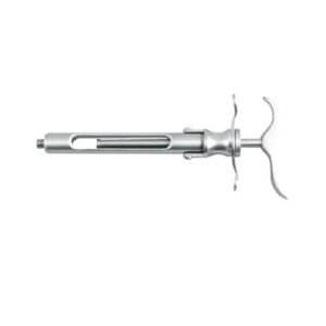 Stainless steel breech-loading dental aspirating syringe featuring a three-wing grip design and threaded tip on a solid white background.