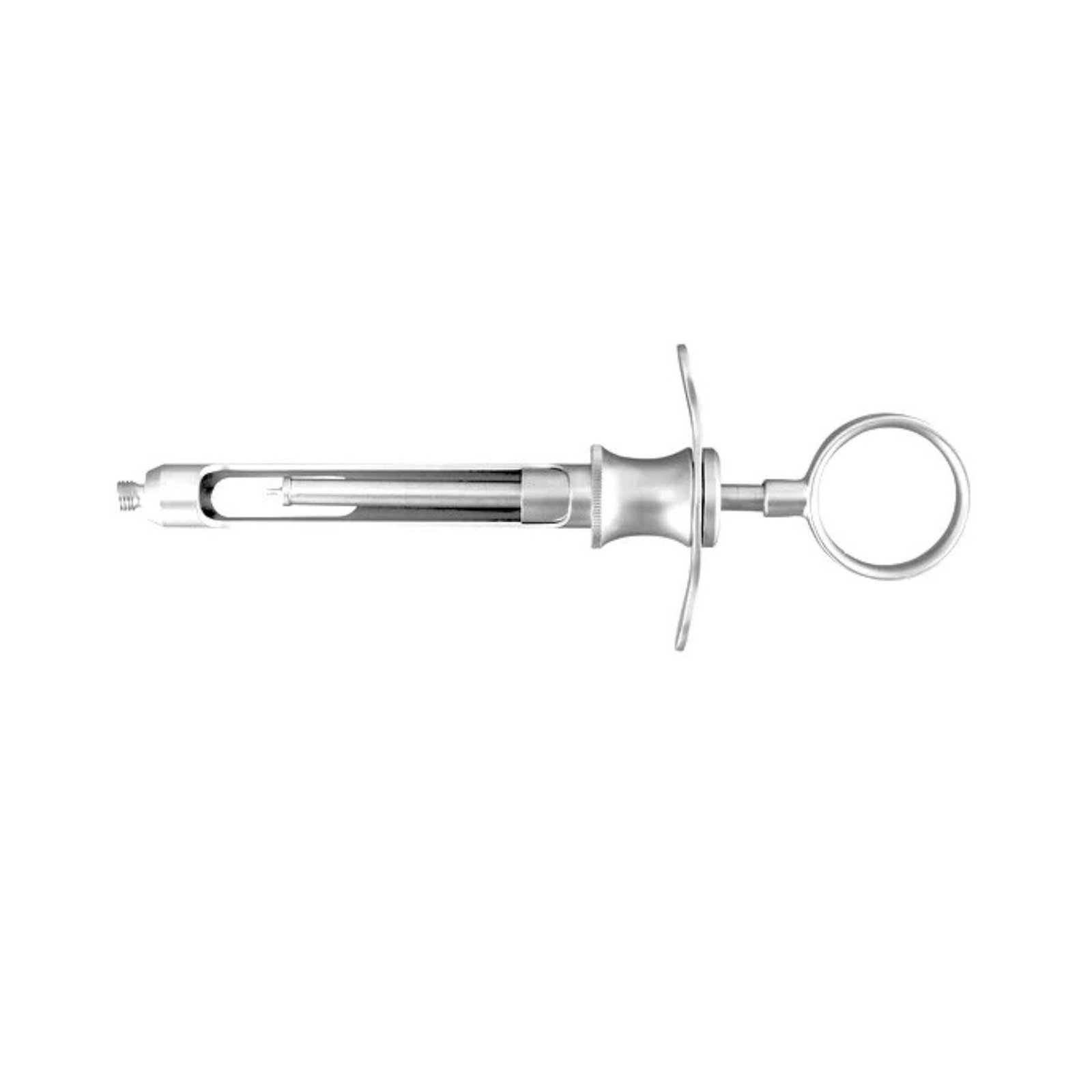 Stainless steel breech-loading dental aspirating syringe featuring a two-wing grip design, a circular thumb ring plunger, and a threaded tip on a solid white background.