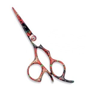 Professional stainless steel hair cutting shears fully coated in a vibrant, multicolored psychedelic abstract pattern featuring red, orange, green, and black swirls, designed with an adjustable red-ringed tension knob, integrated permanent finger rest, and a bumper silencer, shown in 19.jpg against a clean white background.