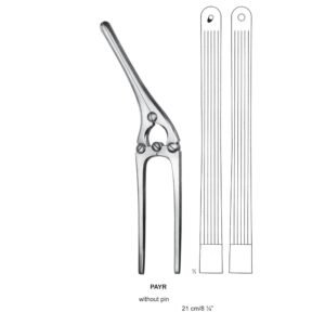 Medical diagram from 19.jpg showing a stainless steel Payr Intestinal Clamp without pin, measuring 21 cm, featuring an articulated lever mechanism alongside a detailed view of its grooved blades.