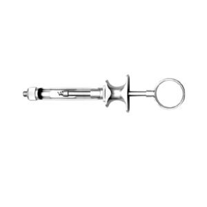 Stainless steel dental self-aspirating syringe featuring a specialized internal plunger tip, contoured finger grip, and large thumb ring on a solid white background.
