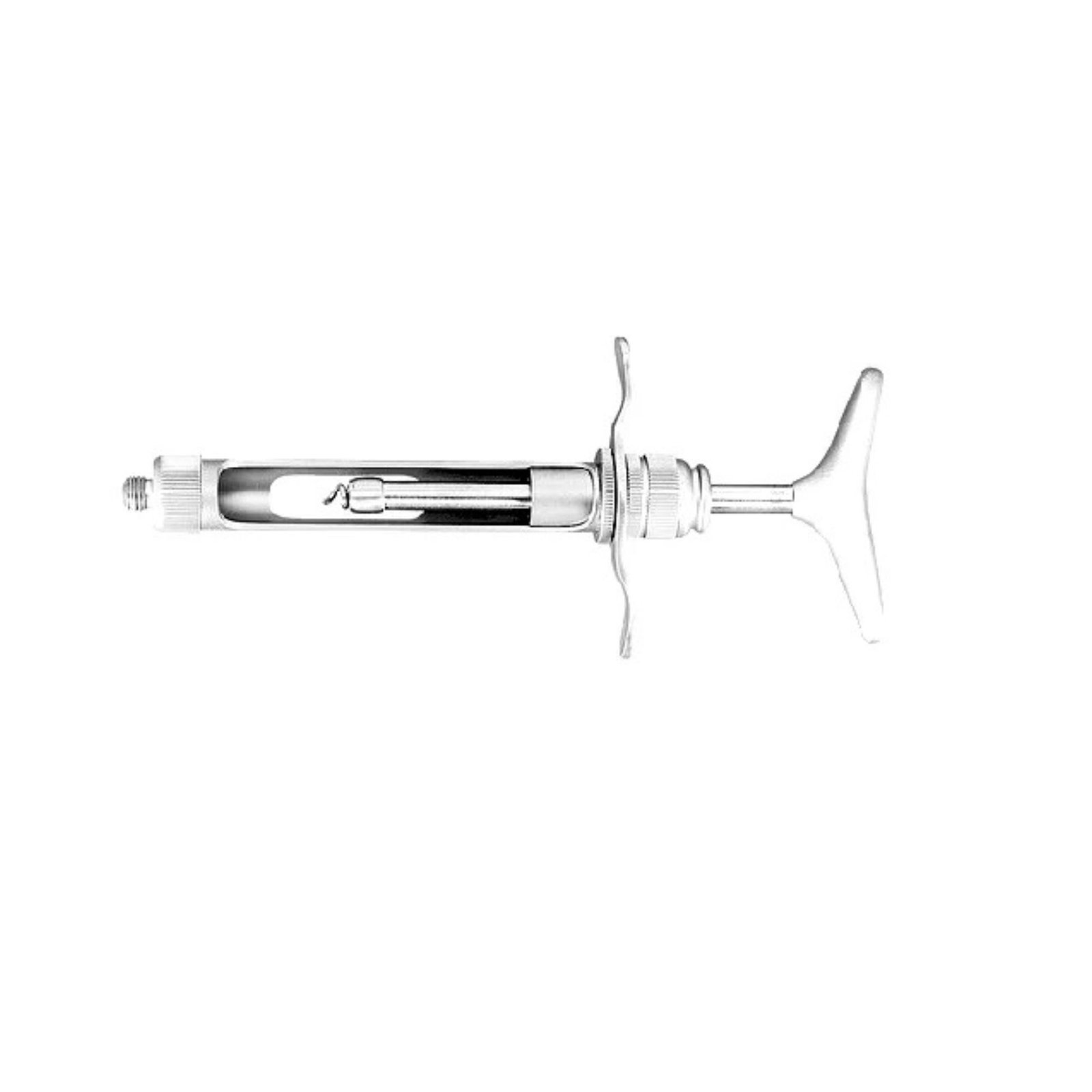 Stainless steel breech-loading dental aspirating syringe featuring dual wing finger grips, a textured knurled collar, and an ergonomic T-bar style plunger handle on a solid white background.