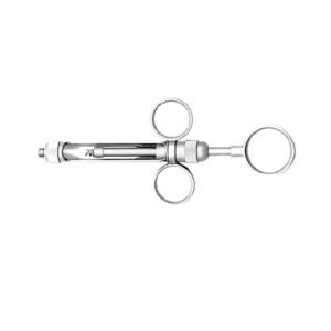 Stainless steel breech-loading dental aspirating syringe featuring a three-ring ergonomic design with dual finger rings, a thumb ring plunger, and a threaded adapter tip on a solid white background.