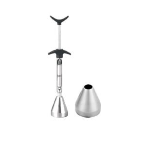 Dental intraligamentary local anesthesia syringe featuring black ergonomic finger and thumb grips, shown with its matching conical stainless steel desktop stand on a white background.