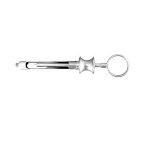 Stainless steel breech-loading dental aspirating syringe featuring a specialized contoured spool-shaped finger grip, a large thumb ring, and a threaded tip adapter on a solid white background.