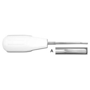 A dental root elevator with a thick, white ergonomic handle and a slender metallic shaft. A close-up inset labeled A shows the curved, concave working tip used for tooth extractions.