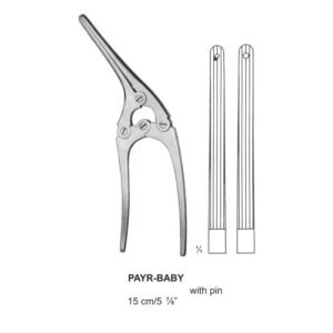 Medical catalog illustration from 20.jpg featuring a stainless steel Payr-Baby intestinal clamp with a stabilizing pin, measuring 15 cm long, displaying its lever-action handle mechanism and a detailed cross-section of its long, longitudinally grooved jaws.