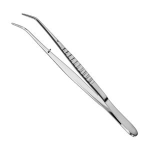 Stainless steel Perry dental tweezers featuring angled serrated tips, an integrated alignment locking pin, and a corrugated ribbed handle on a solid white background.